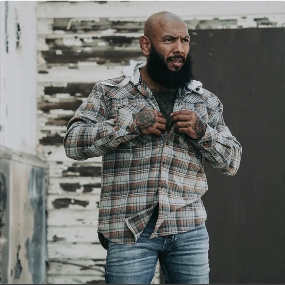 Flannel Hoodie Button Up Shirt Tan Plaid Cotton Howitzer Casemate Size Large